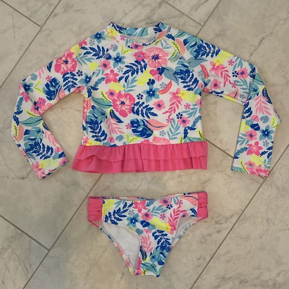 Tommy Bahama 2 Pc Swim Suit Toddler 4T Pink Floral Long Sleeve Ruffle Beach UPF - Picture 2 of 7